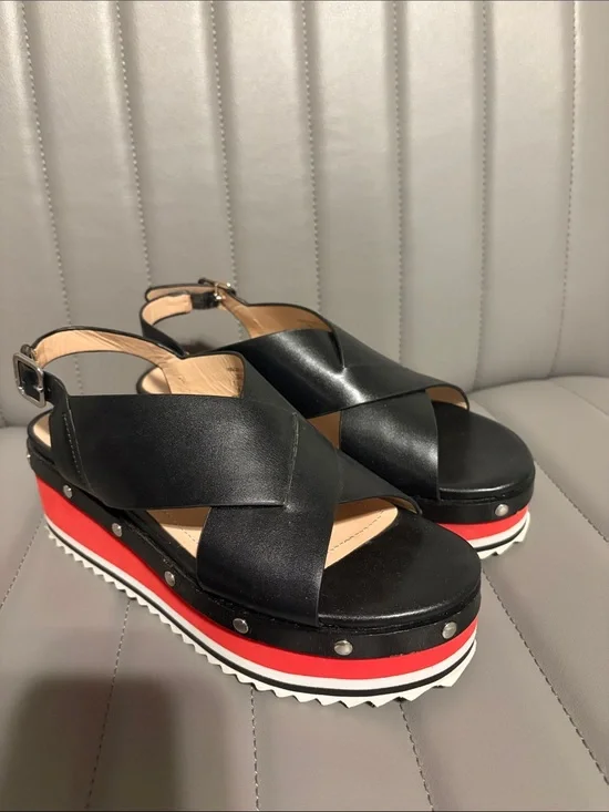 Zara Black Platform Sandals with Red Stripe