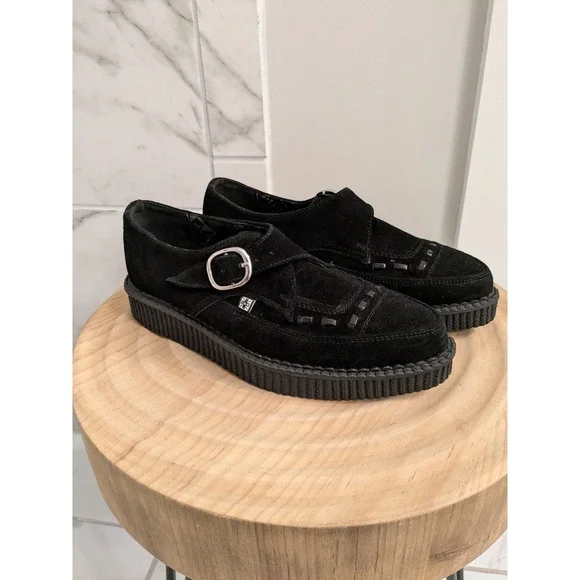 NWOT T.U.K. Black Suede Monk‎ Strap Creepers Platform Shoes Size US 7 EU 40