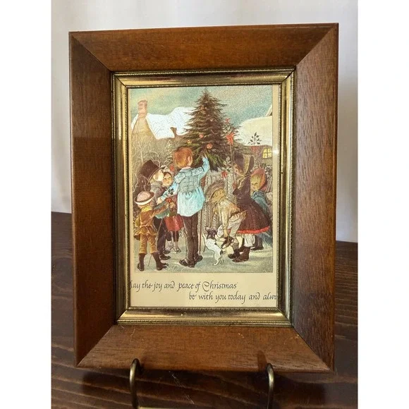 Vintage Christmas Framed Holographic Christmas Card Wood‎ Frame 5x7