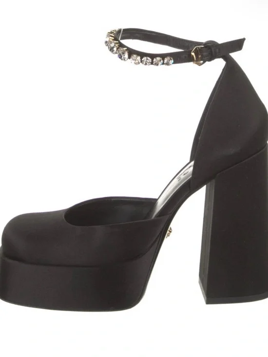 Versace Black Platform Ankle-Strap Heels with Crystal Embellishment