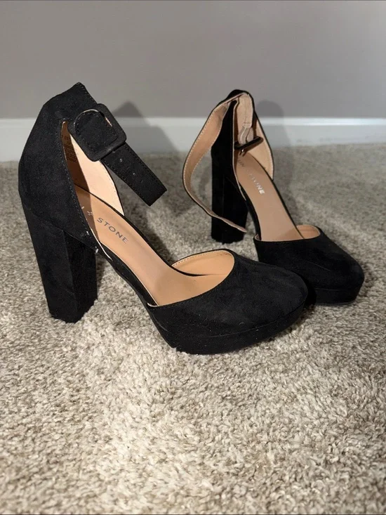 Sun + Stone Black Suede Platform Ankle-Strap Block Heels