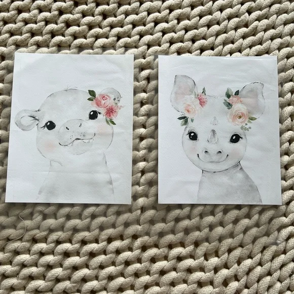 Two 8x10 Watercolor Rhino & Hippo Painting with Flower Crown