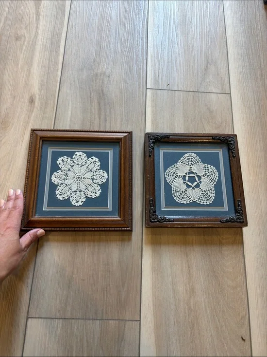 Vintage Framed Crochet Doily Wall Art Pair in Navy and Brown