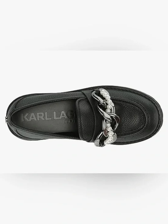 Karl Lagerfeld Black Leather Pearl & Chain Loafers