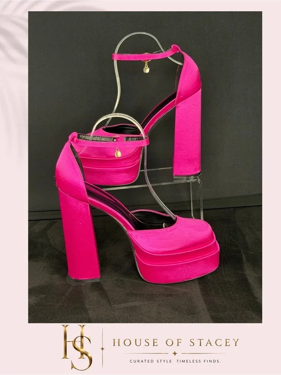 Hot Pink Satin Platform Ankle Strap Block Heels Size 9