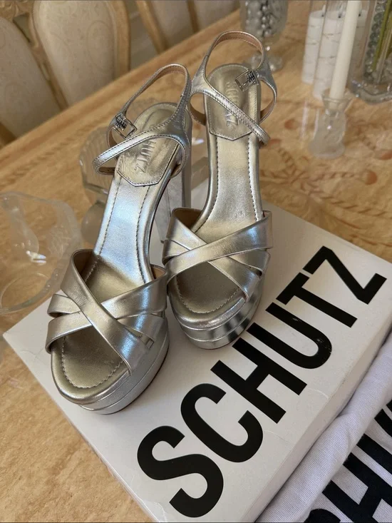 SCHUTZ Metallic Silver Platform Block Heel Sandals