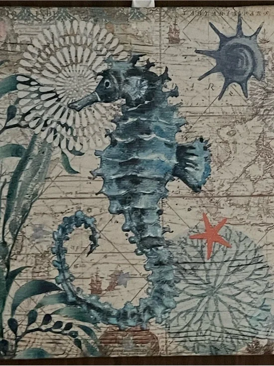 12”x12” Seahorse Canvas Picture Coastal Nautical Ocean Decor Teal