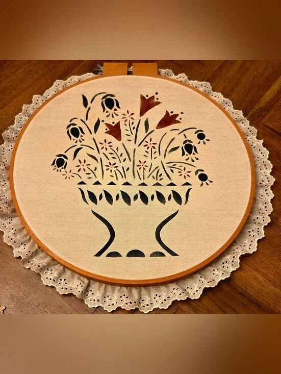Vintage Folk Art Floral Hoop Wall Hanging Pennsylvania Dutch Style Eyelet Lace
