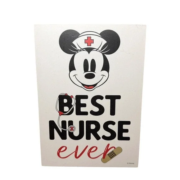 Disney Minnie Mouse Best Nurse Ever Wood Wall‎ Sign Plaque 5x7 Silver Buffalo