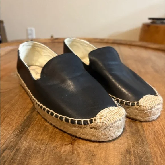 Soludos Womens Platform Smoking Slipper Espadrilles Flats Leather Black Size 8