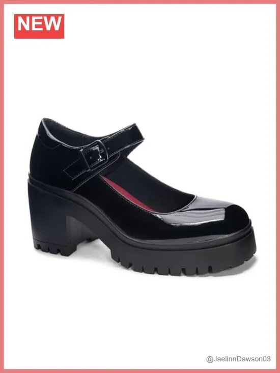 Platform Mary Jane Pumps with Buckle Closure - Faux Leather Block Heel