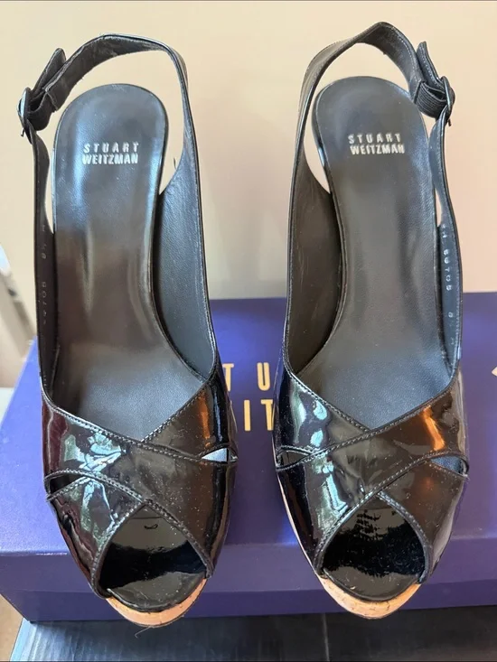 Stuart Weitzman Black Patent Leather Slingback Peep-Toe Mules