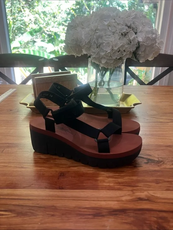 Fly London Women’s Platform Strappy Sandals Adjustable - Black and Brown 38 8