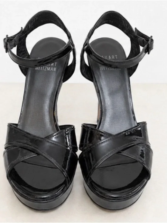 Stuart Weitzman Black Patent Leather Platform Heels – Ankle Strap Sandals