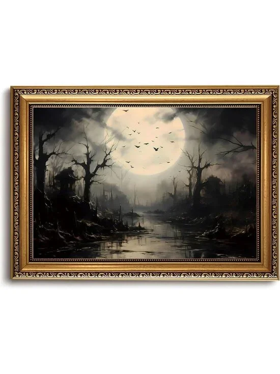 Moody Vintage Gold Framed Halloween Canvas Wall Art Print Decor