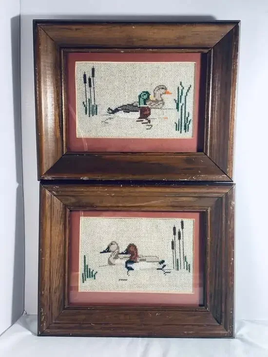 Embroidered ducks antique wall art wood frames