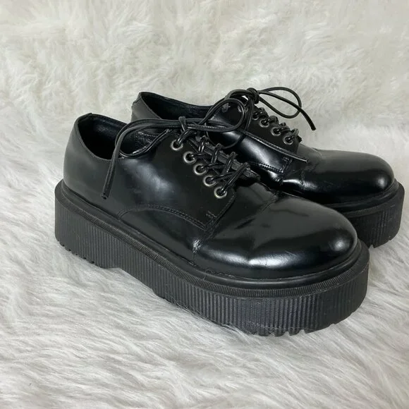 Jeffrey Campbell Black Leather Lace Up Besito Platform Derby Oxfords 6.5
