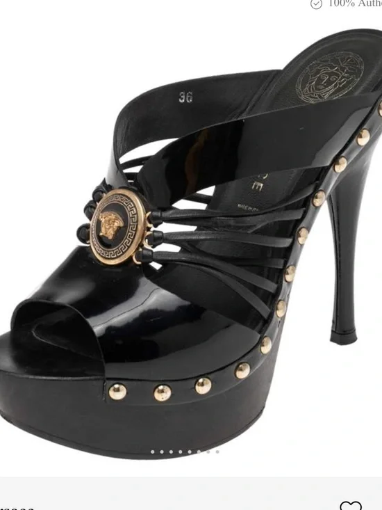 Versace Black Patent Leather and Wooden Platform Medusa Sandals Size 36