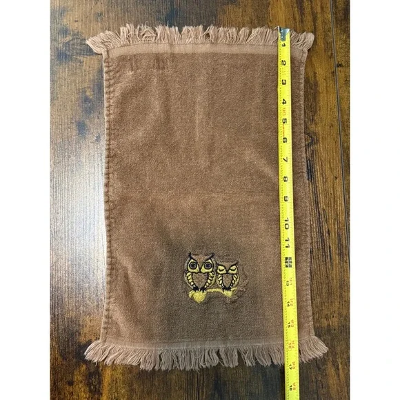 Martex Owl Hand Towel Vintage Brown Cotton Fringe 11x17 Embroidered 70s‎