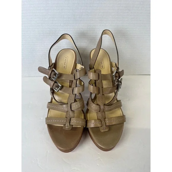 Coach Alie A0384 Taupe‎ Brown Leather Strappy Platform Block Heel Sandals 9.5B