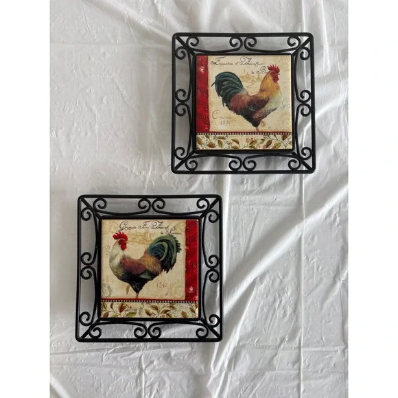 New View Rooster Wall Art Set 2 French Country Farmhouse Black Metal Frame 8.5in