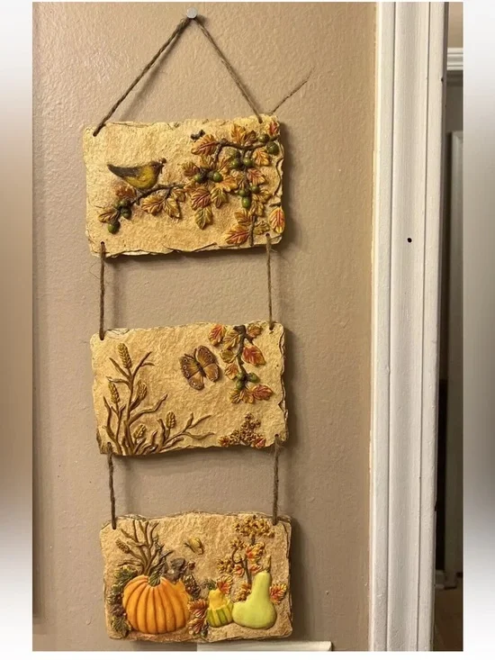 Fall Harvest Wall Hanging Vintage Pumpkins Mouse Butterfly Bird Charming 22
