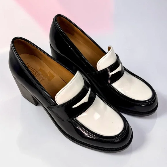 Thursday Boots High Heel Penny Loafer Black White Patent Spectator Womens 9