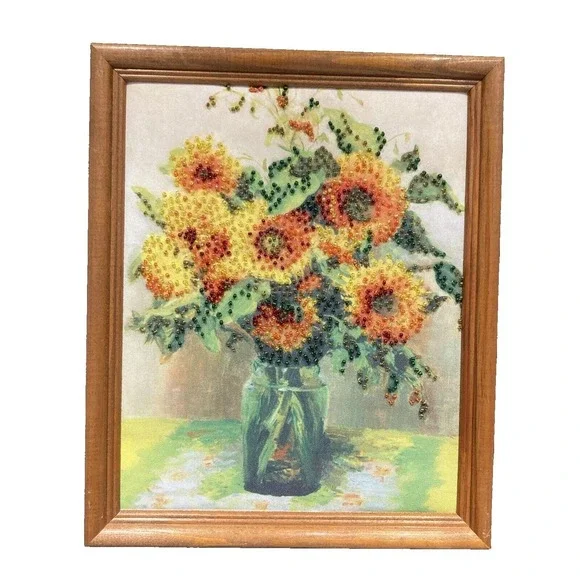 Handmade Art Sunflowers Fabric Beaded Accents Framed‎ 8.5