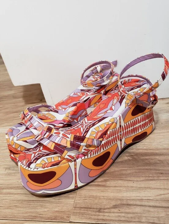70's Colorful Psychedelic Paisley Strappy Platform Sandal 7.5 Festival Retro