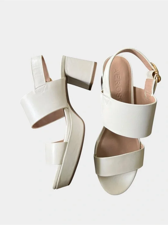 Aerosoles Camera Platform Sandals Size 10 Eggshell Leather Block Heel