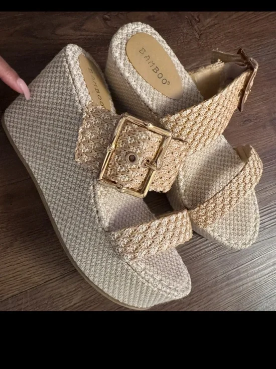 BAMBOO Beige Woven Platform Sandals with Gold Buckle