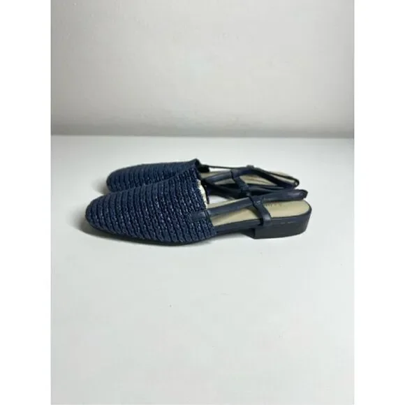 Jasmin Navy Blue Stretch Macrame Leather Combination Flat Heel Sling Back Slip