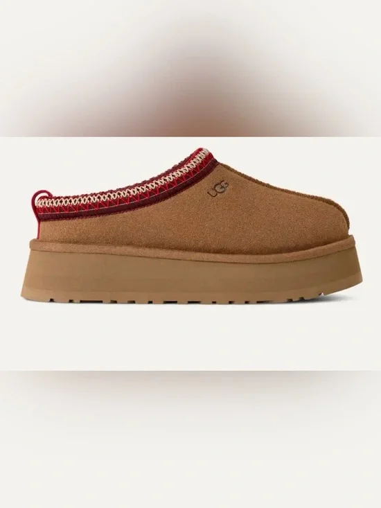 UGG women’s Tasman Chestnut Slip-On platforms with Red and Cream Trim slippers