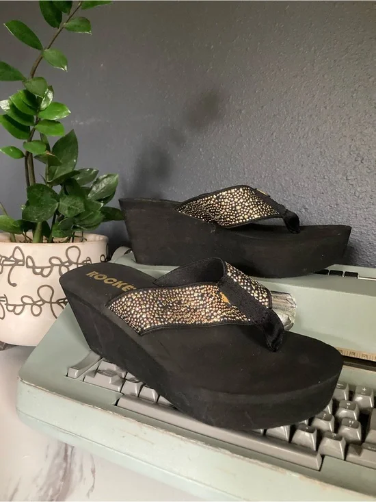Black Platform Wedge Flip Flops with embellished Strap
