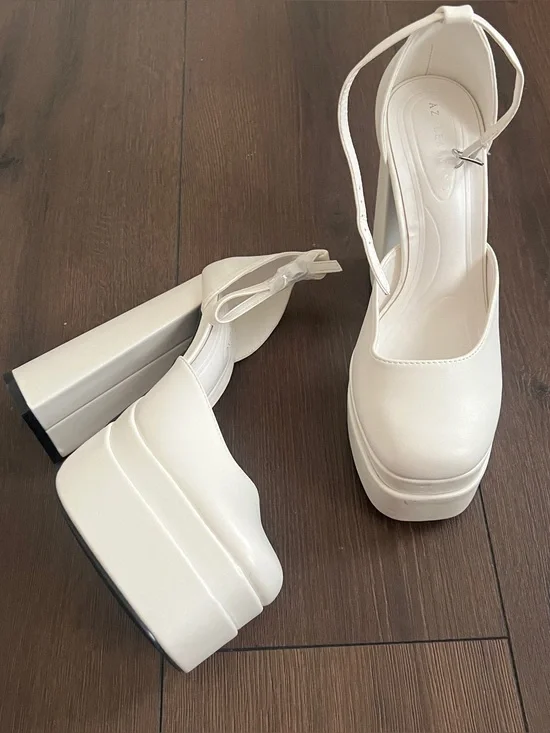 AKIRA White Platform Ankle-Strap Pumps