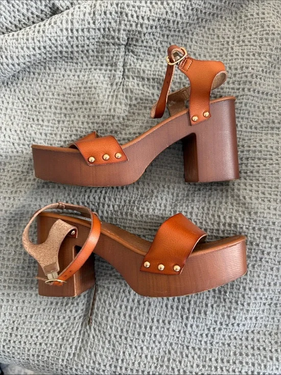 Brown Platform Block Heel Sandals with Ankle Strap worn once