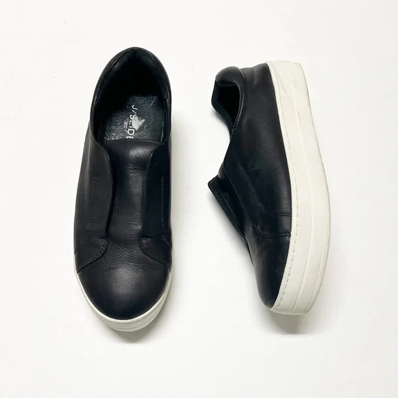 J Slides Womens Black Leather Heidi Chunky Platform Slip On Sneaker Size 10