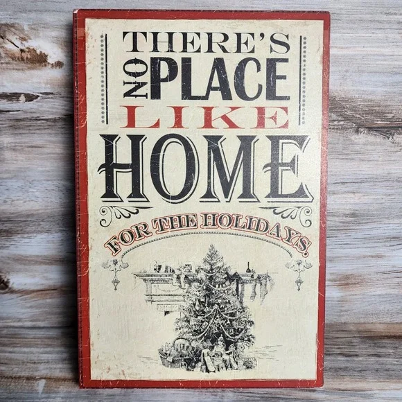 Vintage Style Christmas Wood Box Sign Home For The Holidays Wall Decor Red Cream