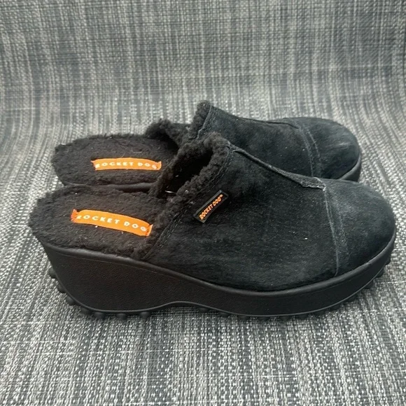 NWOB🍍 Rocket Dog FRAN Black Nubuck Clogs Platform Wedge Faux Fur Shoes SZ 8 H6