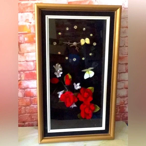 Vintage MCM Shin HWA Framed Floral Shadow Box Butterfly and Roses Clock
