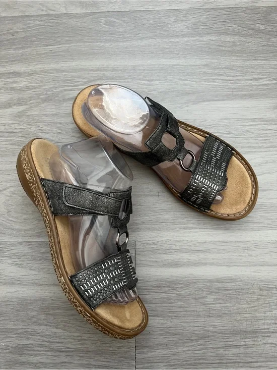 Rieker Metallic Black Textured Slide Sandals