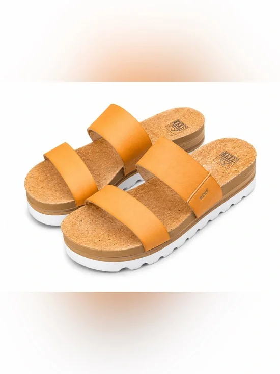Reef Cushion Vista Hi Platform Slide Sandals 10 Tan Cork Boho Coastal Boho