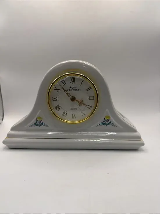 Parfums Laura Ashley Vintage Porcelain Mantle Clock Floral Gold Trim Works *