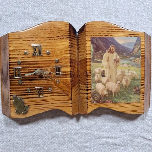 Vintage Jesus Carved Wood Finished Open Bible Clock Hanging Decor