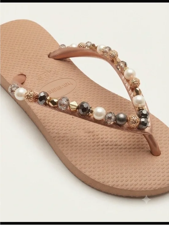 Havaianas Gold Beaded Pearl Flip Flops