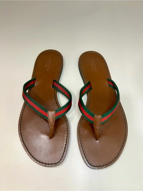 Gucci Web Leather Sandal Stripe Flip Flop Flat Authentic
