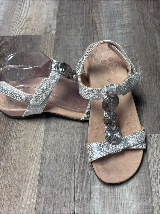 Vionic Farrah Metallic Snake Print T-Strap Sandals with Silver Spiral Accents