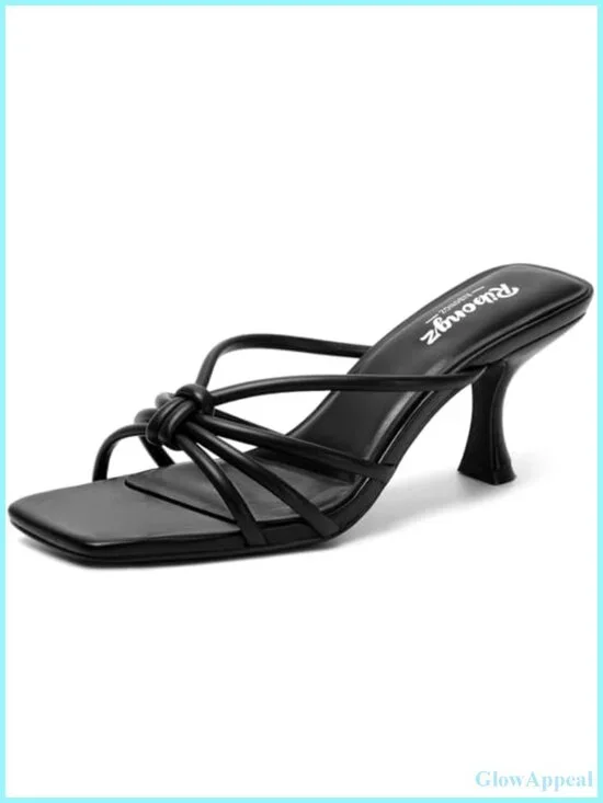 Square Toe Strappy Kitten Heel Mule Sandals PU Slip On