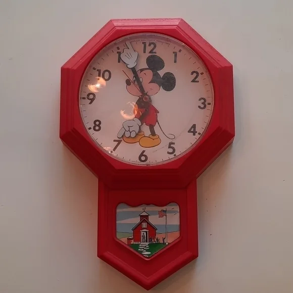 Vintage 1974 Welby Elgin Mickey Mouse Schoolhouse Red Wall Clock Disneyana