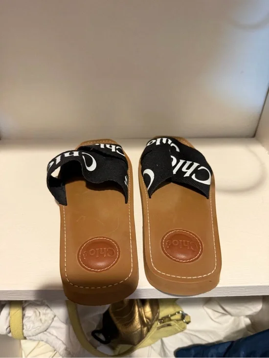 Chloe Black Logo Slide Sandals with Tan Footbed